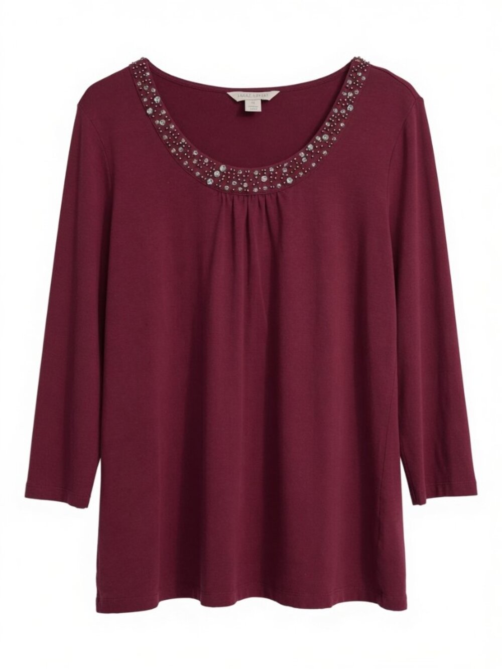 Laura Ashley Maroon Burgundy Beaded Rhinestone Scoop Neck 3/4 Sleeve Blouse Top